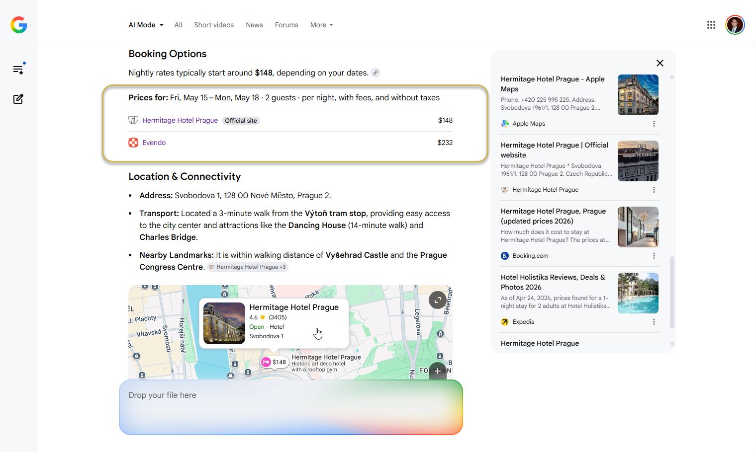 Google AI Mode mostrando o site oficial do hotel ao lado de uma OTA, com o preço directo do oficial mais baixo